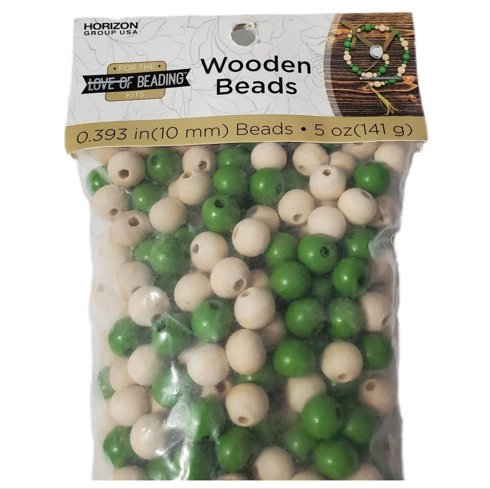 For The Love Of Beading Kits Green and Cream Wooden Beads Size 10mm